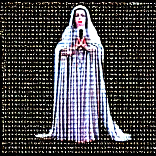 Image similar to vhs static overlay of marian apparition, vhs, 1 9 9 0, highly realistic, highly detailed, vhs noise static, black and white, vhs glitch