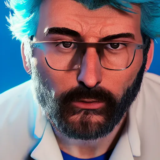 Prompt: portrait art of rick sanchez, lab coat, cyan shirt, 8 k ultra realistic, lens flare, atmosphere, glow, detailed, intricate, full of colour, cinematic lighting, trending on artstation, 4 k, hyperrealistic, focused, extreme details, unreal engine 5, cinematic, masterpiece