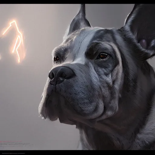 Image similar to cinematic portrait of brutal epic dog, concept art, artstation, glowing lights, highly detailed