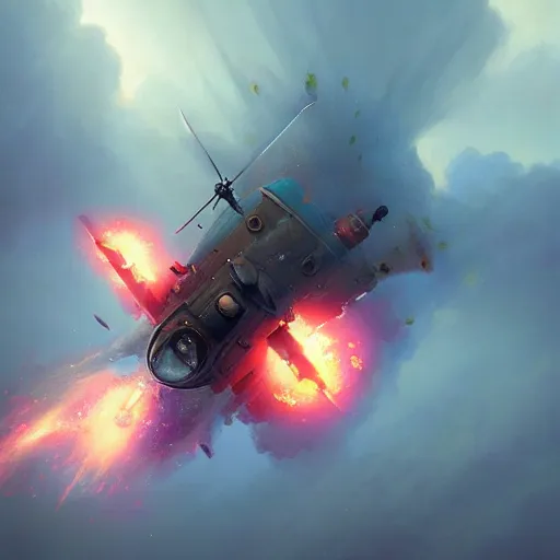 Image similar to a spy doing his mission flying in a helicopter while explosion in the background particles dusty explosion fog made by ivan aivazovsky, peter mohrbacher, greg rutkowski volumetric light effect broad light oil painting painting fantasy art style sci - fi art style realism premium prints available artwork unreal engine