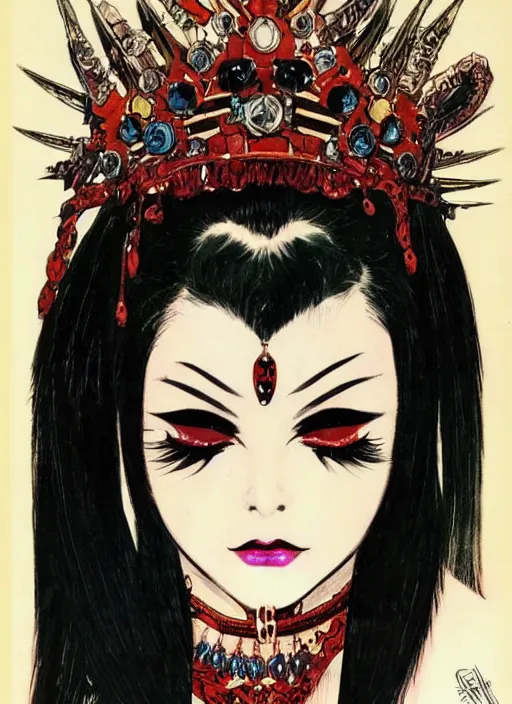 Image similar to mighty female korean vampiress, jeweled headdress, heavy mascara, strong line, saturated color, beautiful! coherent! by frank frazetta, high contrast, minimalism