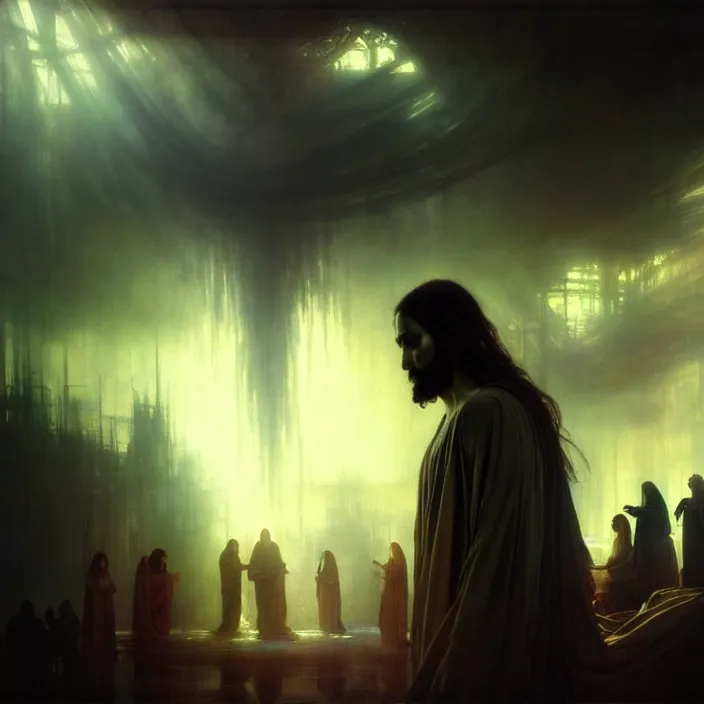 Image similar to the second coming of jesus christ, intricate concept art, ethereal, ominous, dramatic lighting, Ruan Jia and Jeremy Mann and Alphonse Mucha