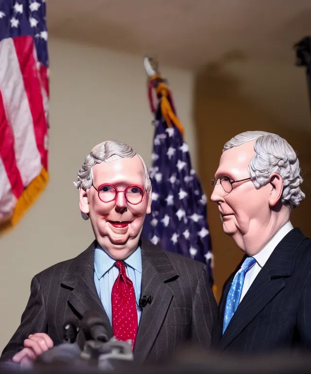 Prompt: photo of a melting wax figure of mitch mcconnell