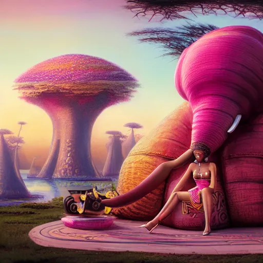 Prompt: a regal and elegant african queen with a colorful afro sitting in a cabana on top of an extremely large steampunk elephant near a pink lake with a large glowing baobab tree, by greg rutkowski and android jones in a cyberpunk style, oil on canvas 8k, hd