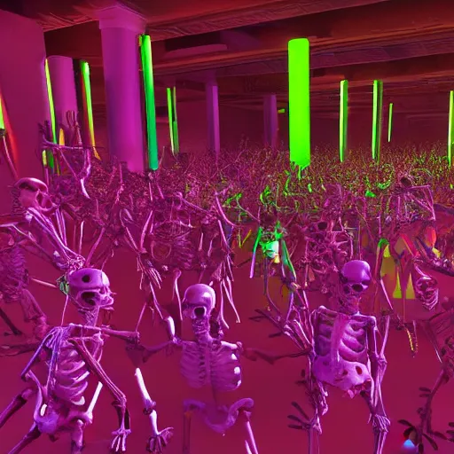 Image similar to photo, a giant crowd of claymation skeletons by ray harryhausen dancing inside a colorful futuristic synthwave night club, edge lighting, ray traced lighting