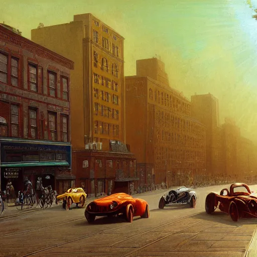 Image similar to copper colored sport car racing through a street in nyc, painted by, mc escher, gordon onslow ford, georgia o'keeffe and ivan aivazovsky, cinematic light, god rays, colourful.