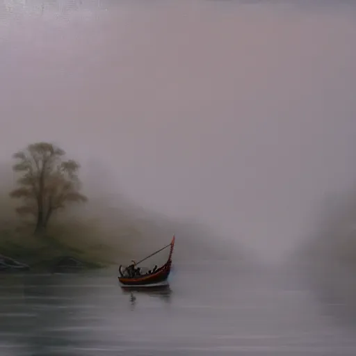 Image similar to painting of viking longboat on a misty river raid