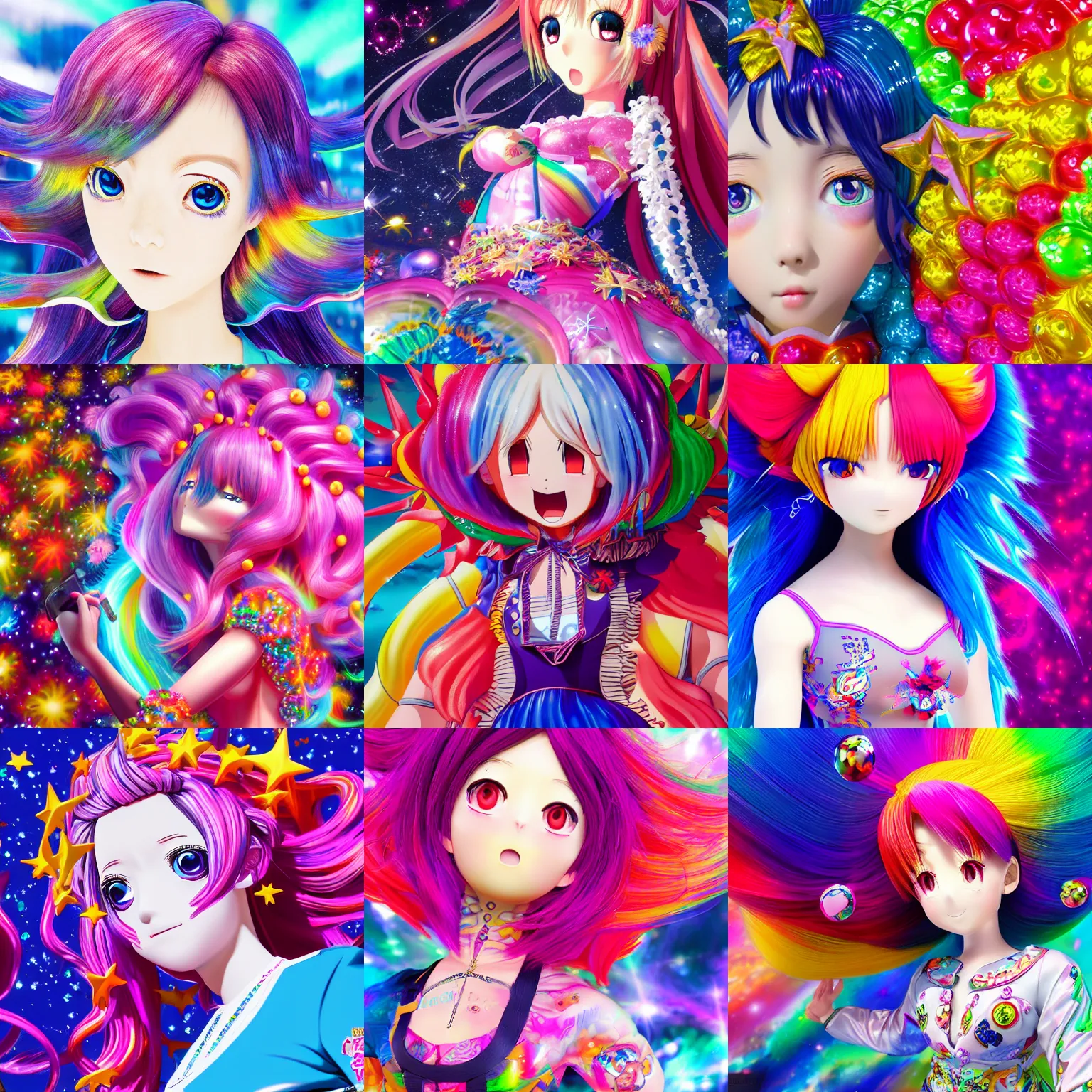Prompt: Anime girl with cosmic hair, high of the face, Technicolor, Megapixel, Ray Tracing Global Illumination, Starburst, insanely detailed and intricate, hypermaximalist, elegant, ornate, hyper realistic, super detailed, by Jeff Koons