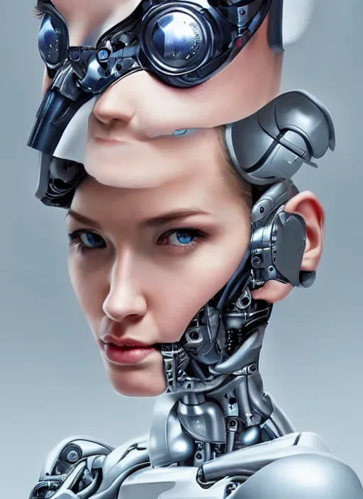 Image similar to portrait of a cyborg woman who turns her head to the ((((((right))))) left+350.1 (((((up))))) (((((down))))) by Artgerm,eyes closed , biomechanical, hyper detailled, trending on artstation