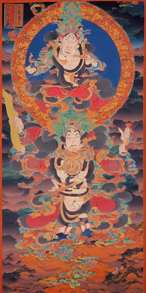 Prompt: A beautiful extremely detailed thangka of WUKONG, He is surrounded by a ring of fire, The colors in this painting are very striking and eye-catching, The background is a deep, rich blue, and the fire is a bright, vibrant red, by zhang daqian,