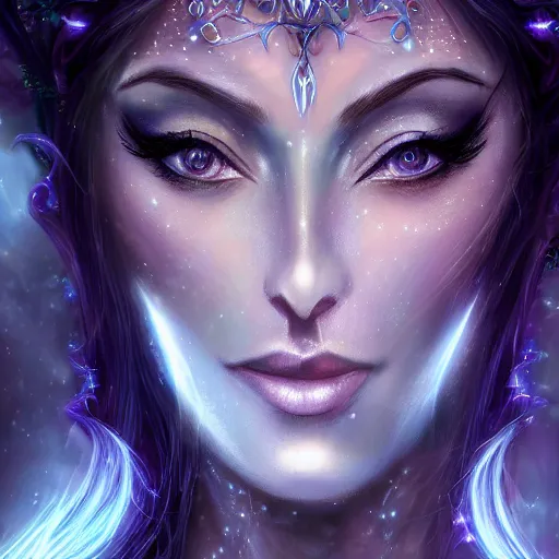 Prompt: masterpiece digital painting realistic portrait of beautiful tyrande whisperwind, 3 0 years woman, close face view, moonlight, elf forest background, at night, by luis royo, warcraft, artstation, deviantart, unreal engine, 8 k, cinematic lights