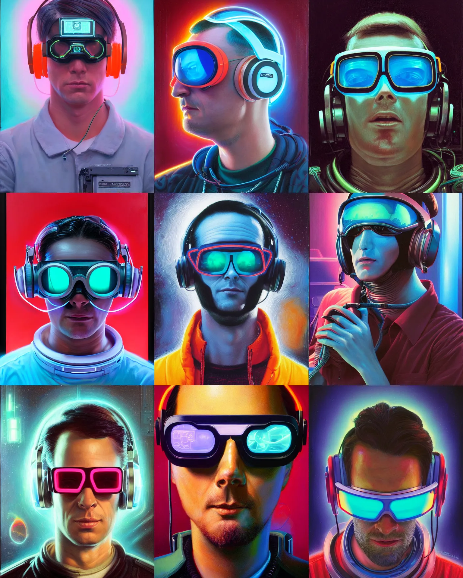 Prompt: neon cyberpunk programmer with thin cyan laser visor glasses over eyes and sleek headphones headshot desaturated portrait painting by donato giancola, dean cornwall, rhads, tom whalen, alex grey astronaut fashion photography