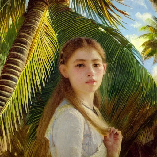 Image similar to a ultradetailed beautiful painting of a girl in the amazonas palace designed by jules bastien - lepage, hans belmer, frank weston and gustave baumann, beach, trending on artstation, mediterranean, palm trees, refracted color sparkles, sharp focus, soft light, 8 k 4 k