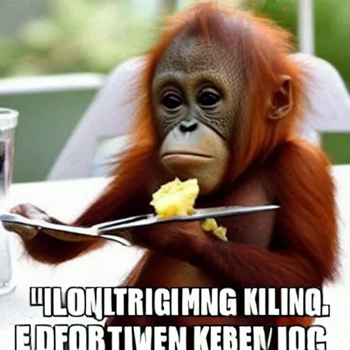 Image similar to baby orangutang eating with knife and fork, low quality 2 4 0 p old smartphone photo meme