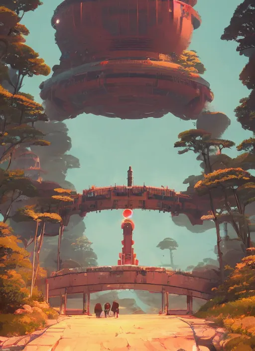 Image similar to warm canyon with giant gate entrance, nuclear powered, detailed, futuristic, cory loftis, james gilleard, atey ghailan, makoto shinkai, goro fujita, studio ghibli, rim light, exquisite lighting, clear focus, very coherent, plain background