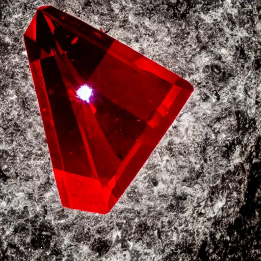 Image similar to a deep red, glowing crystal on a rock, film grain