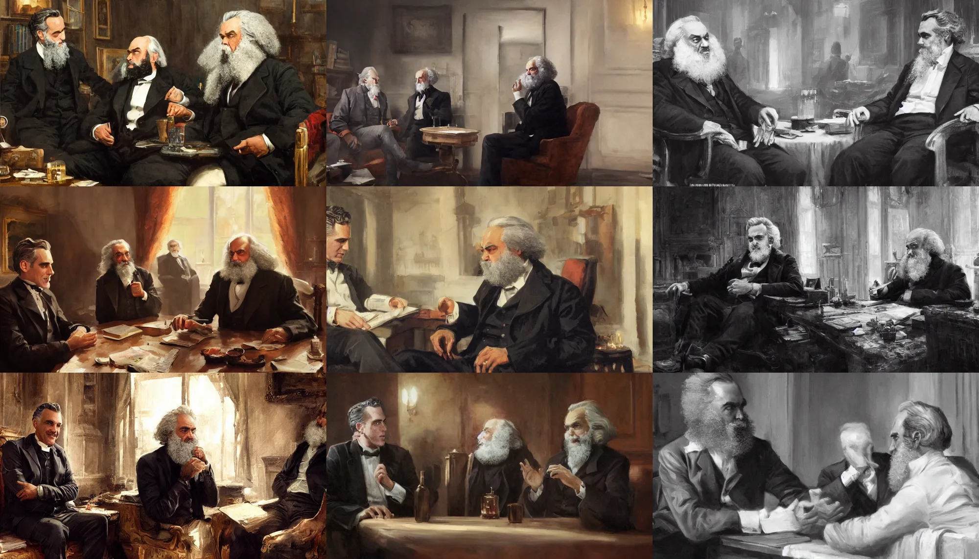 Prompt: clean shaven Jordan Peterson having a conversation with Karl Marx by Greg Rutkowski, 4k, masterpiece