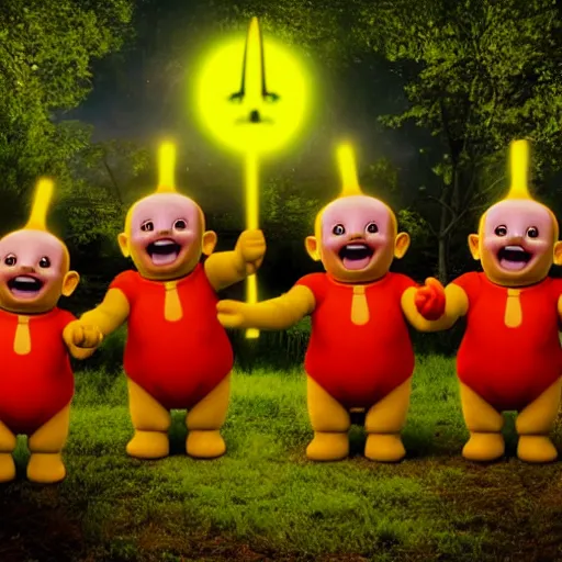 Image similar to A group of 4 Teletubbies that are part of a demonic cult, in the dense woods at night, laughing while in the act making a human sacrifice to Norse gods. Highly detailed, rendered in unreal engine 5, daguerreotype portrait.