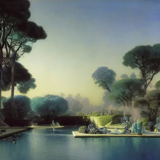 Prompt: gardens of marble draped in flowing sheets of cobalt blue satin and silver satin, by ivan aivazovsky and syd mead and pieter claesz and paul delaroche and alma tadema and august malmstrom and willem claesz heda and aelbert cuyp and moebius and roger dean and studio, hyperrealistic, volumetric light, octane render