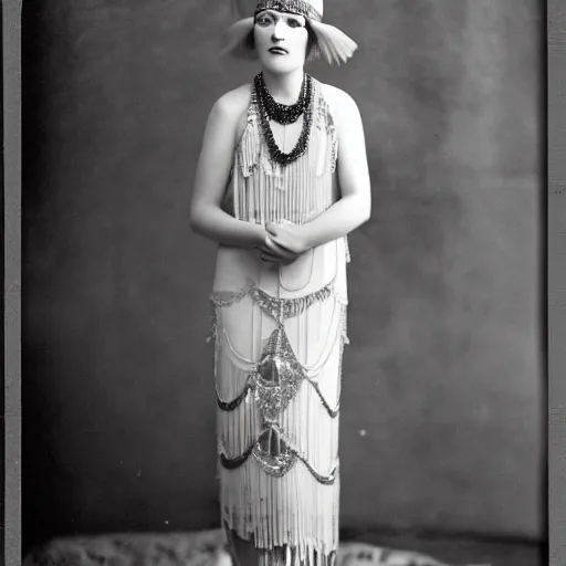 Prompt: a modern flapper in an old fashioned gown. photographed by arthur kales, 1 9 2 3