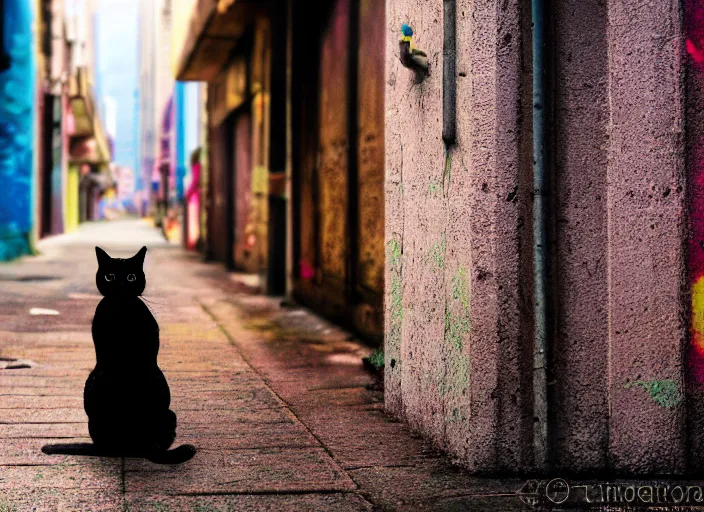 Image similar to photography of a Cat sitting on a box. in a cyberpunk street, award winning photo, saturated, colored, colors, 100mm, sharp, high res