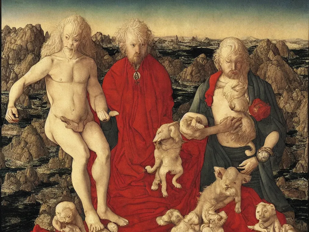 Image similar to Portrait of an albino man with animals on Neptune a million years ago. Painting by Lucas Cranach, Moebius.