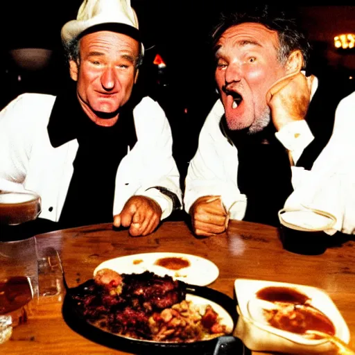 Image similar to robin williams and bill mirray at a restaurant eating ribs, messy food, bbq sauce on their clothes, bill murray has a crazy look in his eye, john candy plays the worried waiter who is brusing his sauce hair in the smudged mirror, aberrant reflection