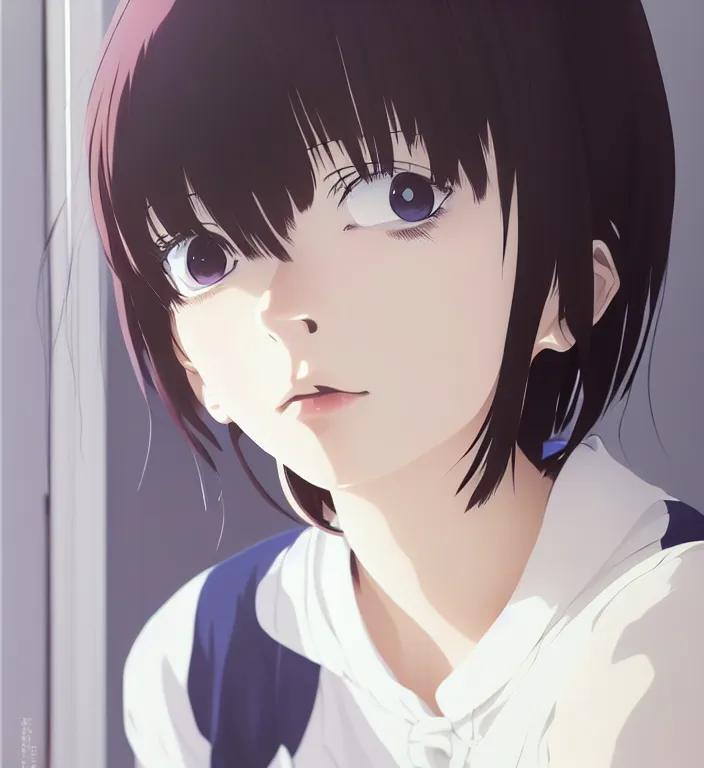 Image similar to anime visual, a young woman with white here in her room interior, cute face by ilya kuvshinov, yoshinari yoh, makoto shinkai, katsura masakazu, dynamic perspective pose, detailed facial features, kyoani, rounded eyes, crisp and sharp, cel shad, anime poster, ambient light