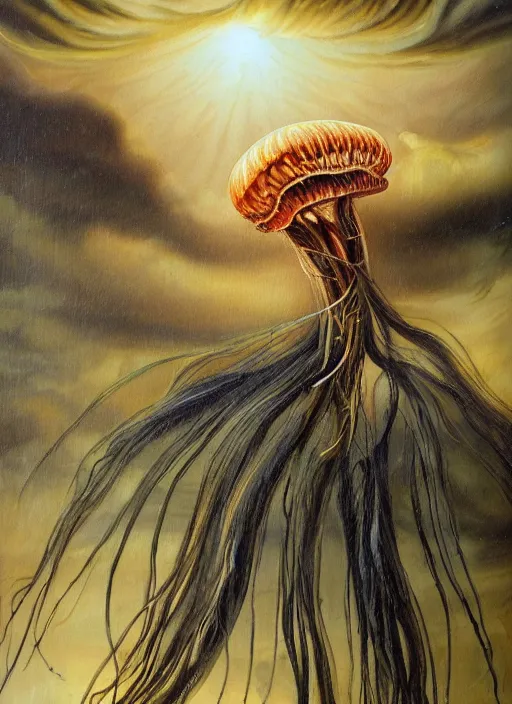 Image similar to an anatomical oil painting of a jellyfish Harpy from a medical journal by Julie Bell and Scott Listfield, highly detailed, high detail, 8k, storm clouds, birds, dramatic lighting