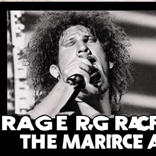 Image similar to Rage Against the Machine, live in concert 1994, Zack de la Rocha, Tom Morello, alternative metal, 1994 VHS quality