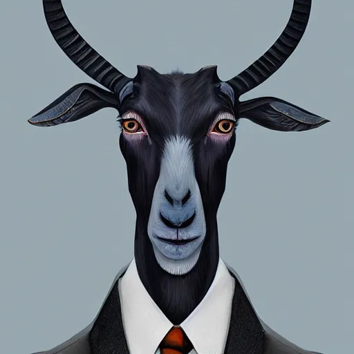 Prompt: a painting of a goat wearing a suit and tie, a character portrait by android jones, featured on zbrush central, holography, behance hd, artstation hd, bryce 3 d