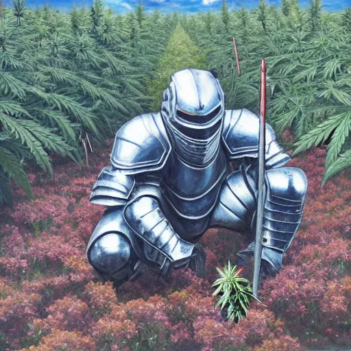 Prompt: a high detailed oil painting of a full armored knight squatting in a field of cannabis plants