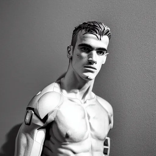 Image similar to a realistic detailed photo of a guy who is an attractive humanoid who is half robot and half humanoid, who is a male android, soccer player antoine griezmann, shiny skin, posing like a statue, blank stare, in a living room, on display, showing off his muscles