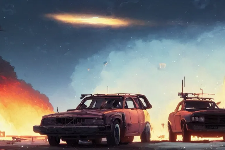 Prompt: 2 0 0 1 space odyssy diesepunk volvo wagon mad max speeding through a burning fuel depot chase gunfire by greg rutkowski makoto shinkai takashi takeuchi studio ghibli, akihiko yoshida