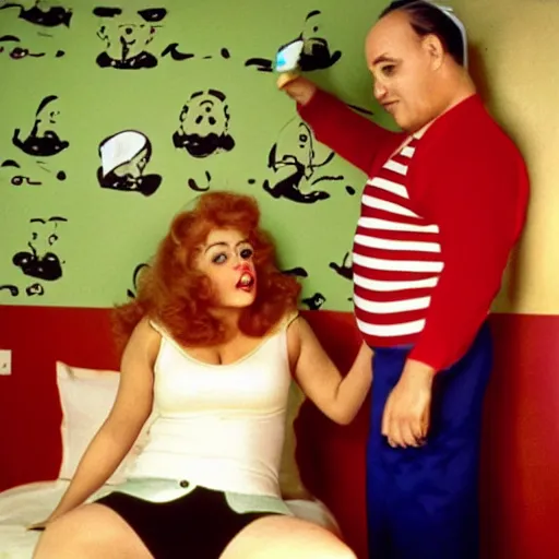 Image similar to bored housewife meets a man with an inflatable cartoon face in a seedy motel room, 1982 color Fellini film, ugly motel room with bad art on the dirty walls, archival footage, technicolor film, 16mm, live action, John Waters, wacky children's tv campy comedy