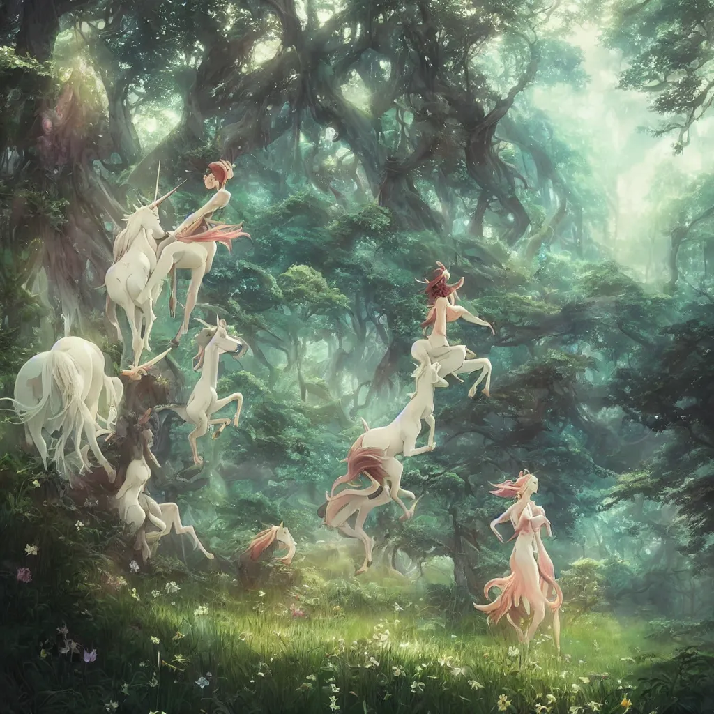 Prompt: beautiful scene render of a beautiful girls and unicorns in the woods, sparkling, perfectly shaded, atmospheric lighting, style of makoto shinkai and peter mohrbacher, studio ghibli. artgerm, karol bak, beeple, animation style, 8 k hd, ultra wide angle, hyper detailed