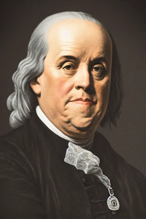 Image similar to benjamin franklin wearing a security guard uniform in game of thrones. dslr, 5 0 mm, f / 2. 8, studio lighting