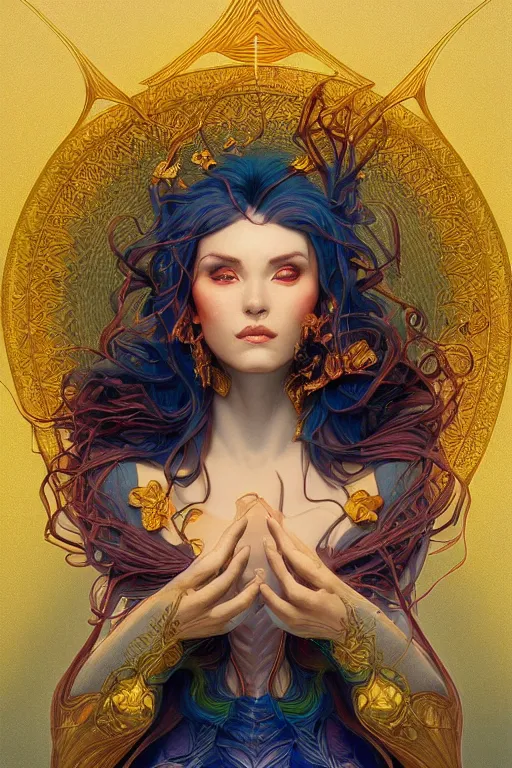 Prompt: portrait of a beautiful sorceress by artgerm, symmetrical, vivid color, complementary color, golden ratio, detailed, sharp lines, sharp focus, intricate, rainbowshift, by maxfield parrish, by peter mohrbacher, by gustave dore, by alphonse mucha, deviantart, octane render