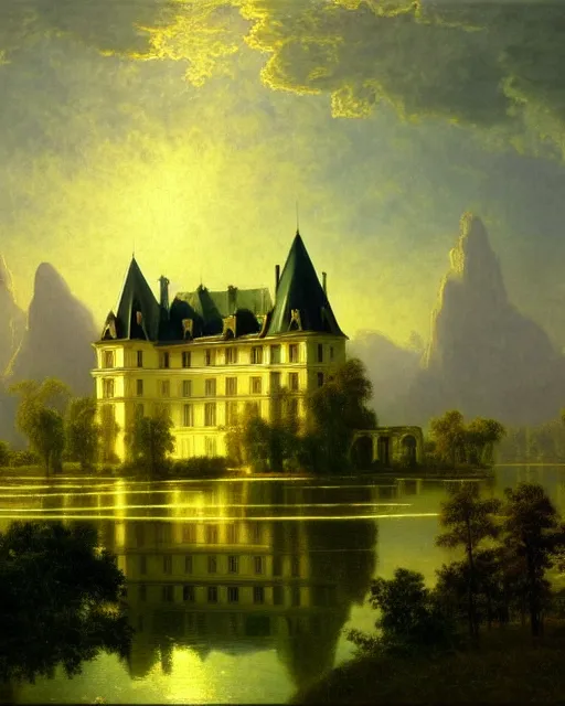 Image similar to beautiful illustration of chateau in a serene landscape, by albert bierstadt, magic realism, narrative realism, beautiful matte painting, heavenly lighting, retrowave, 4 k hd wallpaper