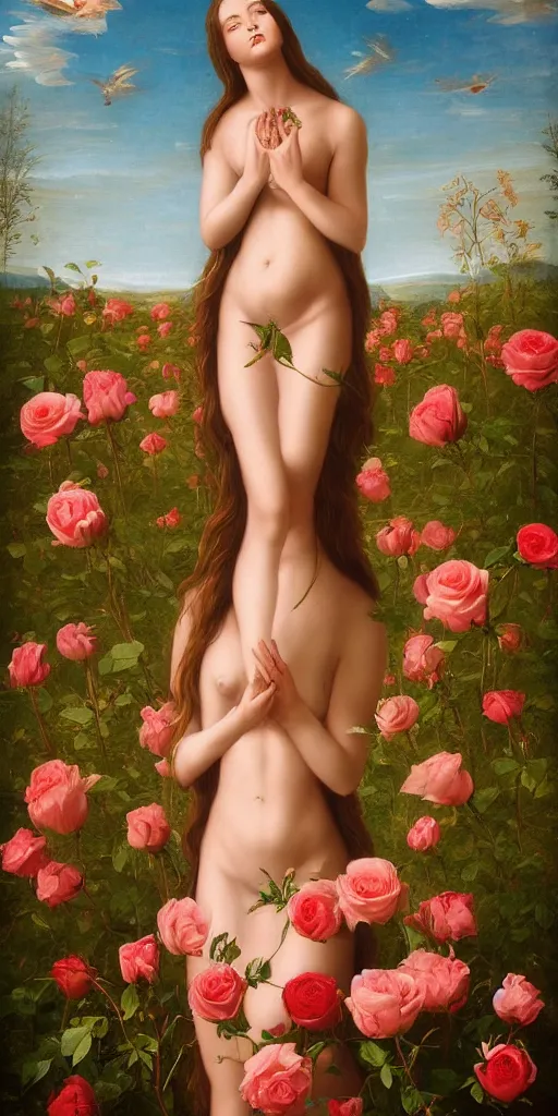 Image similar to the Divine Feminine standing in a field of Roses, Beautiful, Crown of the Gods, Woman, All Races, All Cultures, Female, Birth of creation, Mother Earth, Divinity, Hope, Ethereal, Renaissance Painting, Atmospheric Lighting, artstation trending