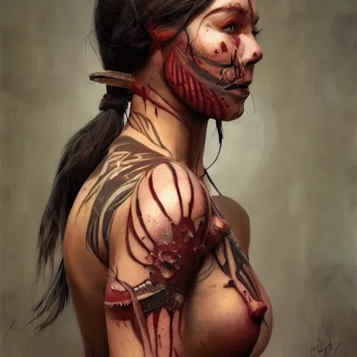 Prompt: portrait painting of a muscular bloodied tribal girl butcher, tattooed, symmetric, fat, ultra realistic, concept art, intricate details, eerie, highly detailed, photorealistic, octane render, 8 k, unreal engine. art by artgerm and greg rutkowski and alphonse mucha