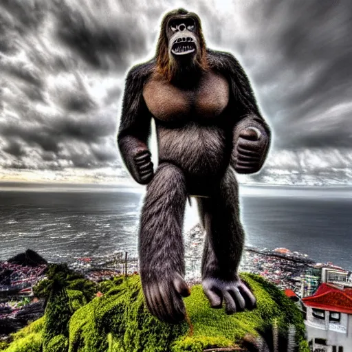 Image similar to king kong walking over madeira island in funchal city, trampled, cinematic shot, realistic, hdr, color, wide shot, gigantic