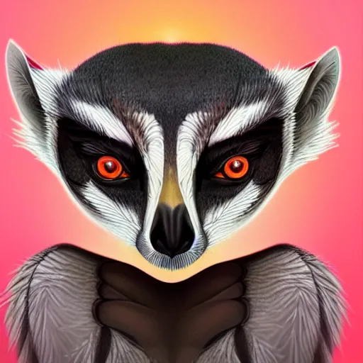 Prompt: Geometric symmetrical ring-tailed lemur, sun in the background, intricate, elegant, highly detailed, digital painting, artstation, concept art, smooth, sharp focus, illustration, art by artgerm