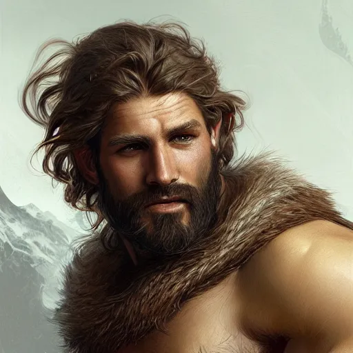 Prompt: portrait of a young rugged male barbarian, handsome, upper body, hairy torso, D&D, fantasy, intricate, elegant, highly detailed, digital painting, artstation, concept art, smooth, sharp focus, illustration, art by artgerm and greg rutkowski and alphonse mucha