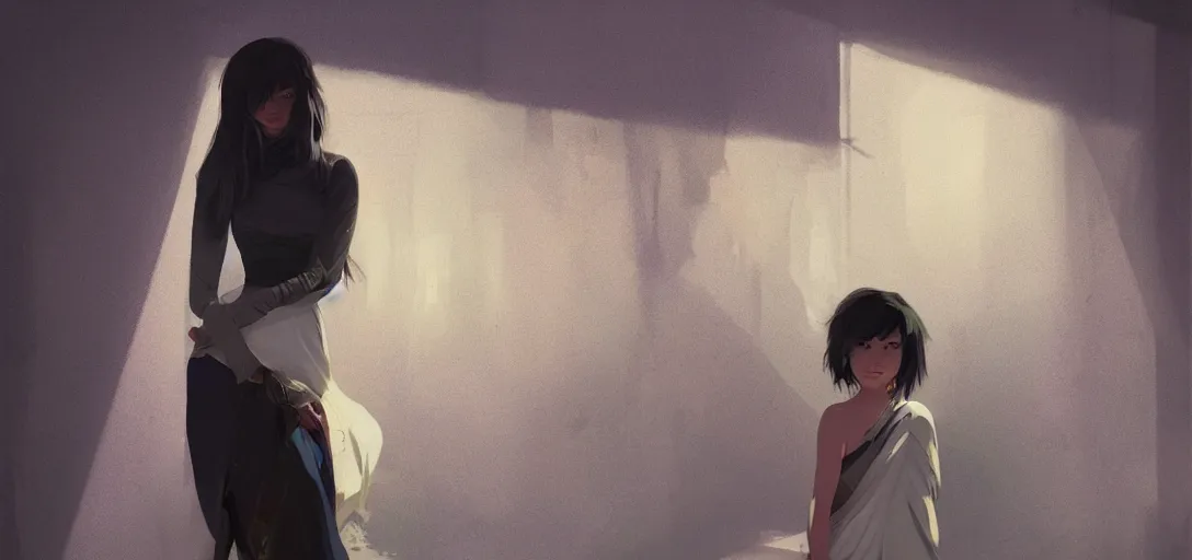 Image similar to Young Himalayan woman leaning against a wall | night time scene, plain walls |somber, white eyes, long messy hair | gentle lighting, futuristic, dim lighting, digital art by Makoto Shinkai ilya kuvshinov and Wojtek Fus, digital art, concept art,