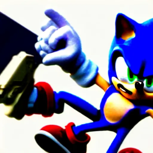 Image similar to movie sonic holding a pistol in a white background