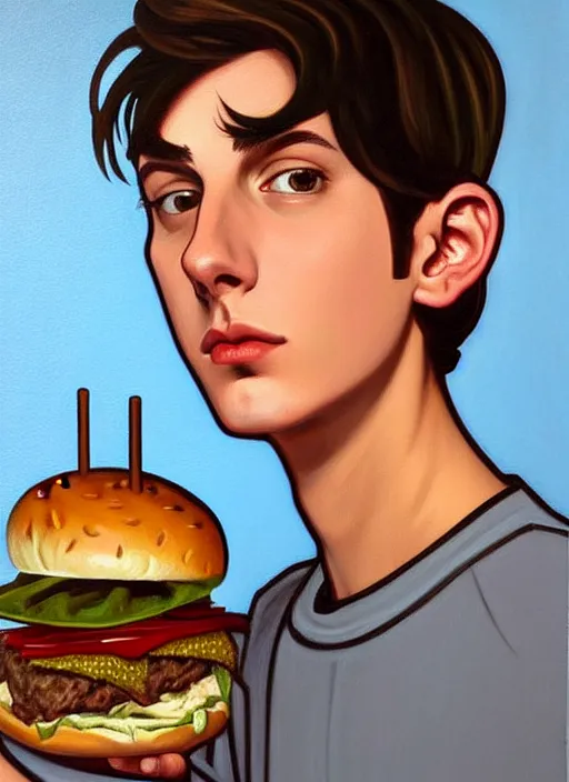 Prompt: oil painting, teenage jughead jones, wears a light grey crown, and devours a hamburger, wearing a light grey crown, intricate, elegant, closed eyes, highly detailed, pinocchio nose, lighting, painting, artstation, smooth, illustration, art by greg rutowski and alphonse mucha