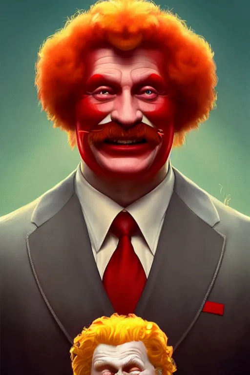 Prompt: vladimir putin as ronald mcdonald, 2 d portrait, symmetrical, highly detailed, digital painting, artstation, concept art, smooth, sharp focus, illustration, cinematic lighting, art by artgerm and greg rutkowski and alphonse mucha