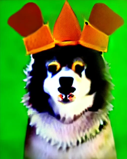 Image similar to Finnish Lapphund dog wearing a crown and smiling, artstation