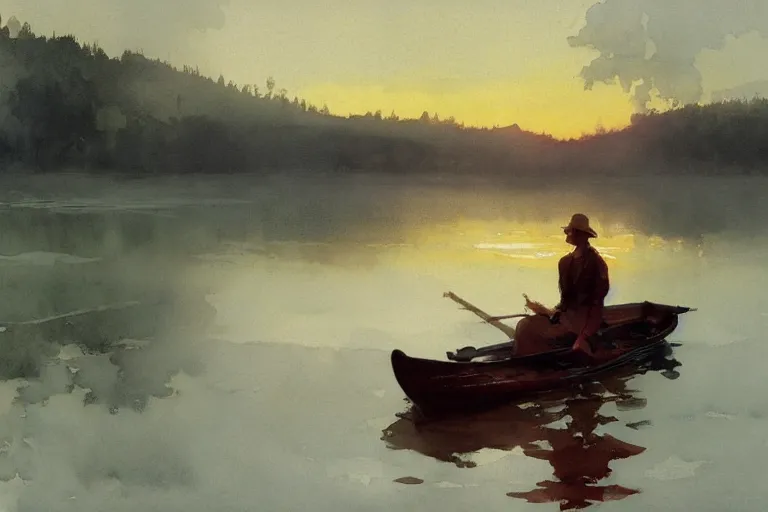 Image similar to watercolor painting of crystal clear summer lake, reflective, dawn, fog, ambient lighting, art by anders zorn and winslow homer, wonderful masterpiece by greg rutkowski, cinematic light, american romanticism by greg manchess, creation by tyler edlin